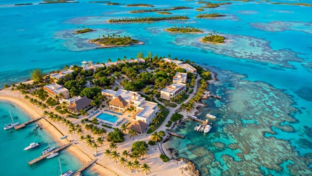 Florida Keys resort beside turquoise water, palms, and boats.