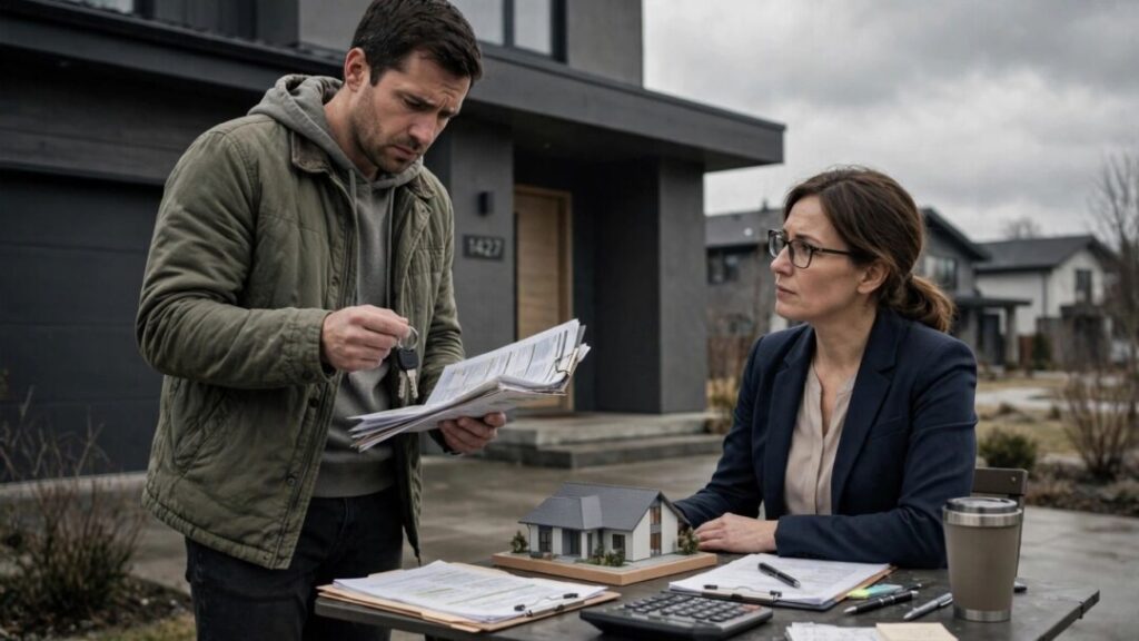 Worried homebuyer reviews mortgage paperwork outside a suburban house