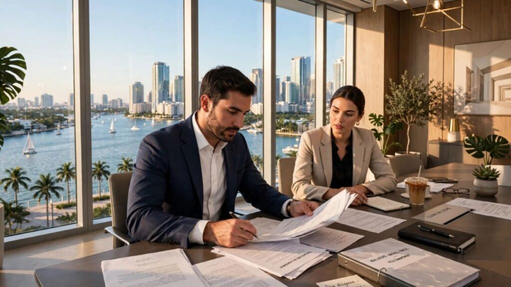 Real estate attorney working in a sunlit Miami office