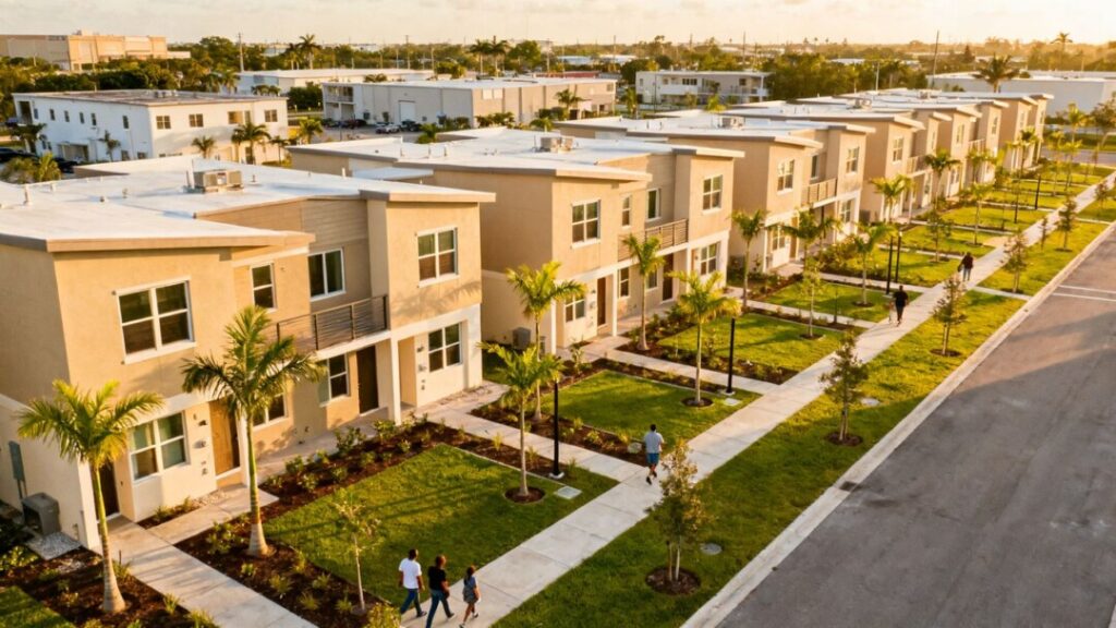 Modular apartment buildings with palm trees in Homestead, Florida