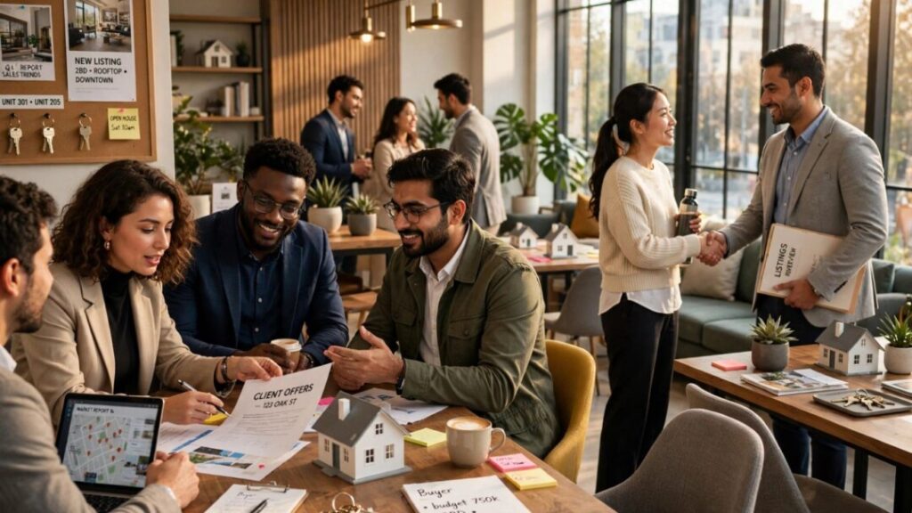 Young real estate professionals networking in a bright coworking lounge