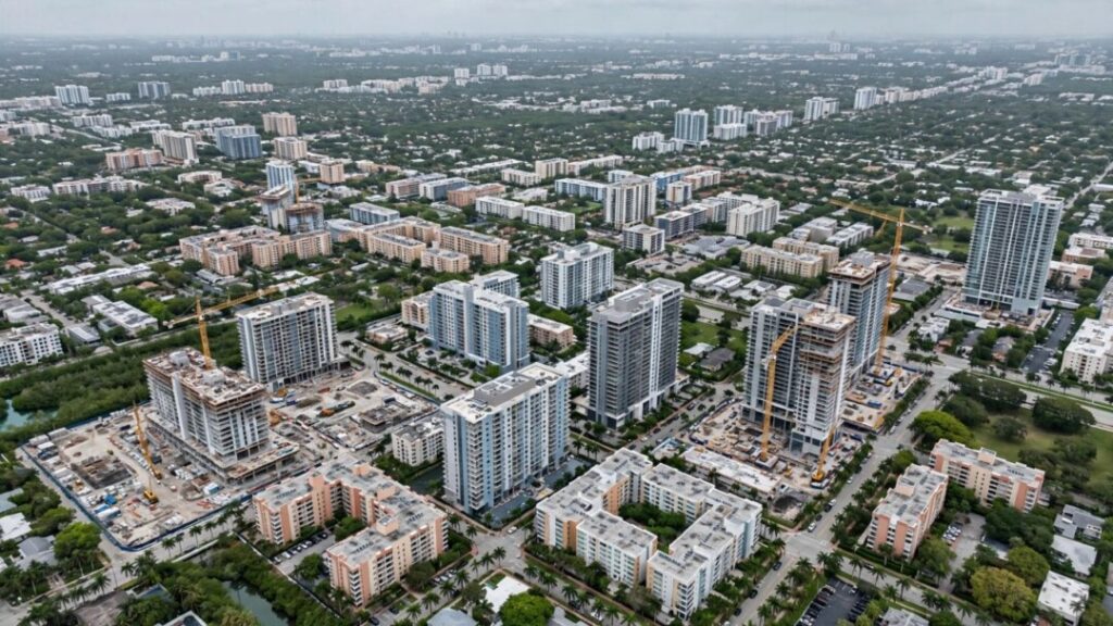Miami apartment towers amid new construction and subtropical greenery