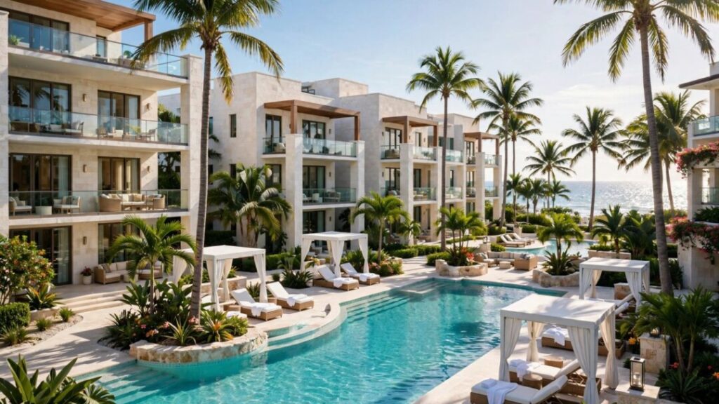 Luxury oceanfront residences beside a turquoise resort pool