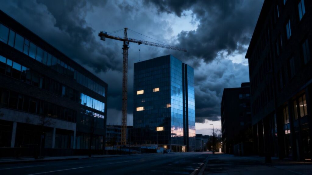 Dark office towers beneath storm clouds suggest commercial real estate uncertainty.