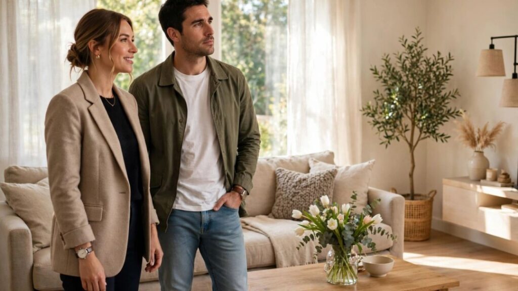 Staged living room with agent and thoughtful homebuyer