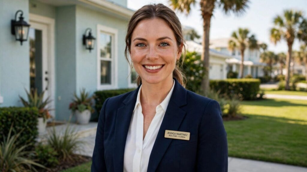 Florida real estate agent outside a Panama City coastal home