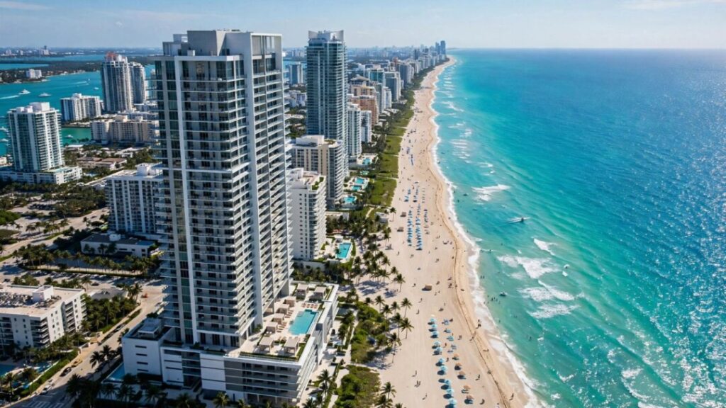 Modern Miami Beach condominium tower beside turquoise Atlantic coastline
