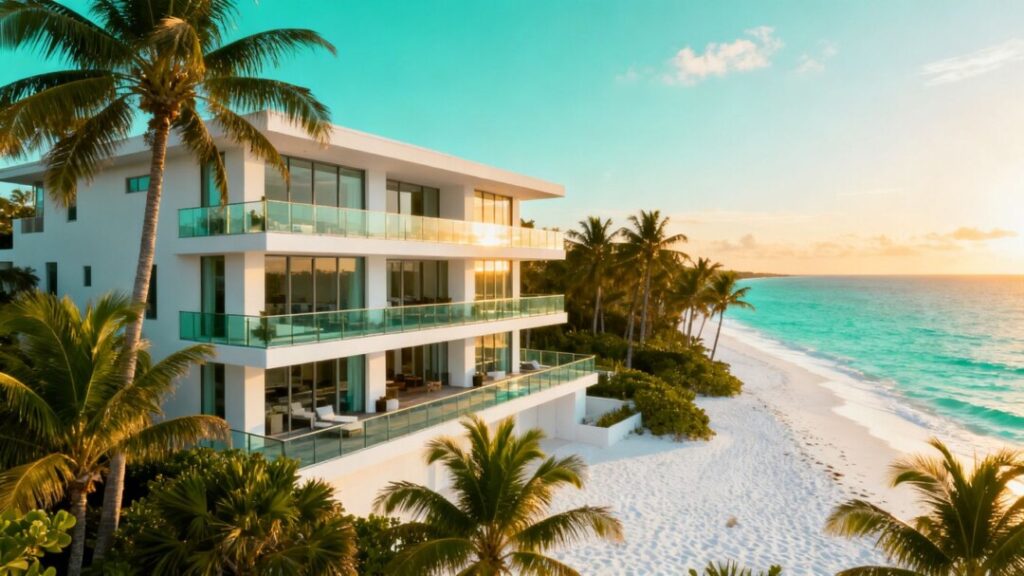 Luxury beachfront homes with ocean views and palm trees.