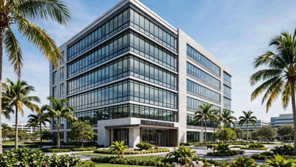 Modern Sunrise office building with glass windows and landscaped grounds