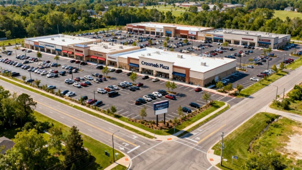 Aerial view of Goldsboro's Crossroads Plaza shopping center.