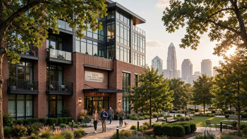 Modern Charlotte apartment complex with landscaped courtyard and urban skyline