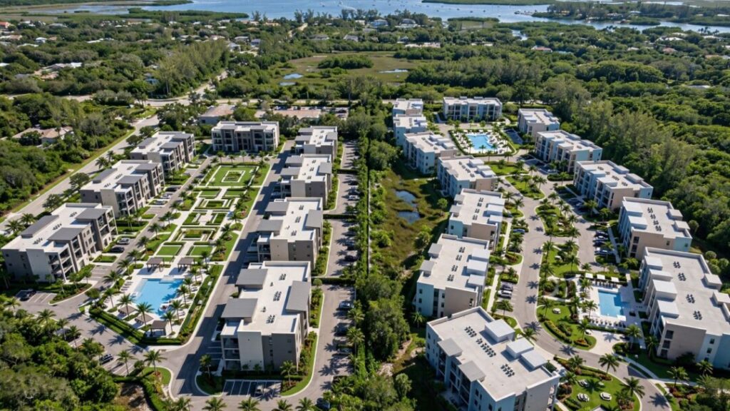 Two modern Florida apartment communities with pools and palm trees