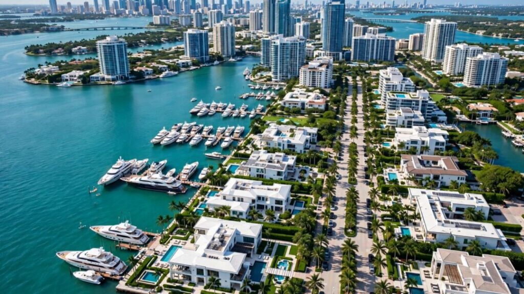 Miami waterfront skyline with luxury homes and yachts