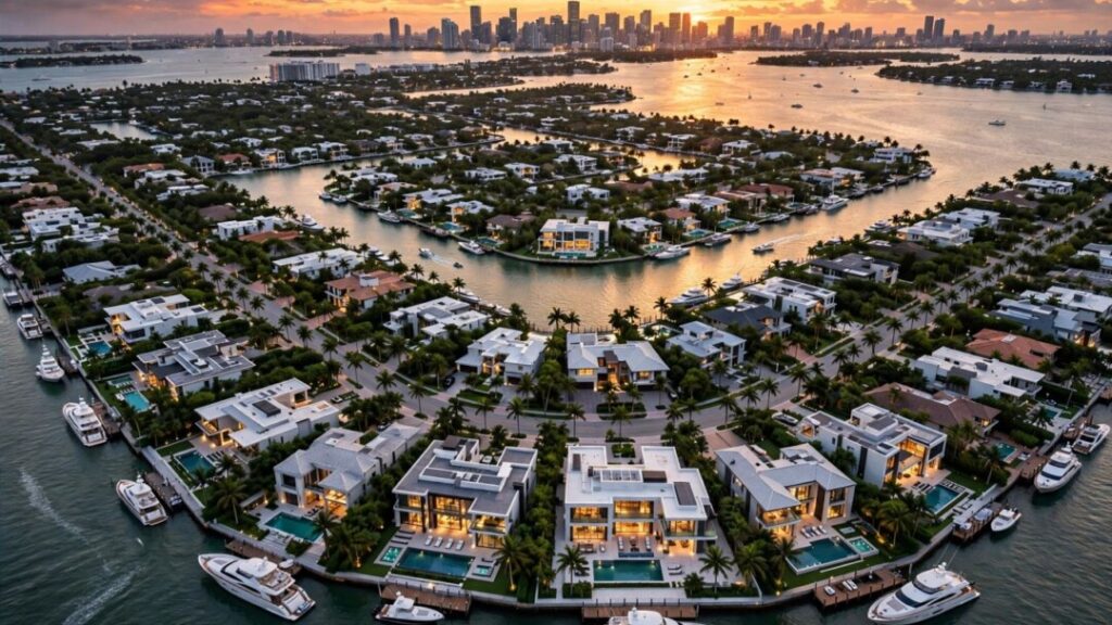 Miami waterfront mansions and yachts at sunset near Biscayne Bay