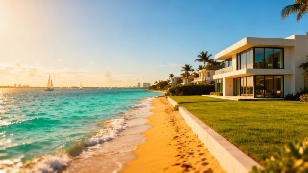Key Biscayne waterfront homes with ocean and sailboats.