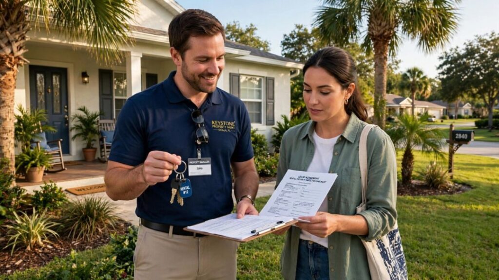 Property manager meeting a tenant outside an Ocala rental home