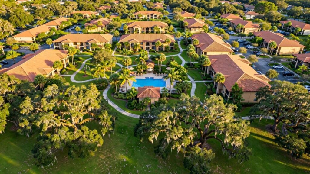 Florida garden-style apartments surrounded by palms and lush landscaping
