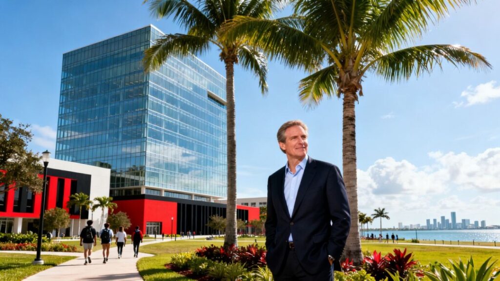 Ken Griffin outside Miami university campus with palm trees and sunlight