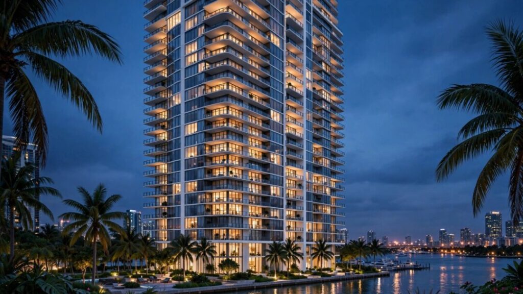 Modern Miami apartment tower glowing beside tropical palms at dusk