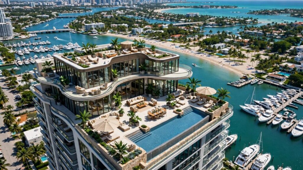 Luxury waterfront penthouse overlooking yachts, beach, and turquoise ocean