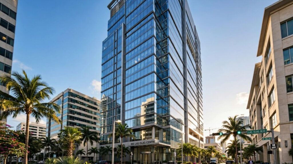 Glass office tower rising above downtown Fort Lauderdale beneath a blue sky