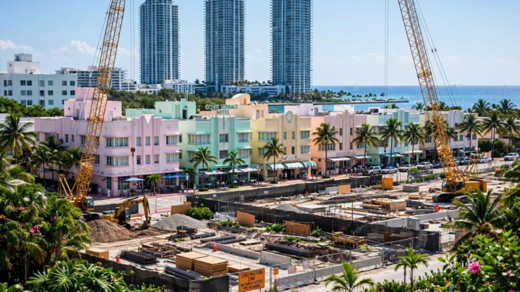 Three proposed towers behind Miami Beach’s pastel Art Deco buildings