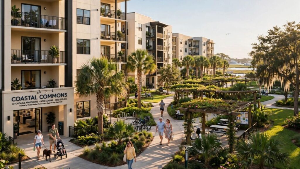 Florida affordable housing community with apartments, palms, and landscaped grounds