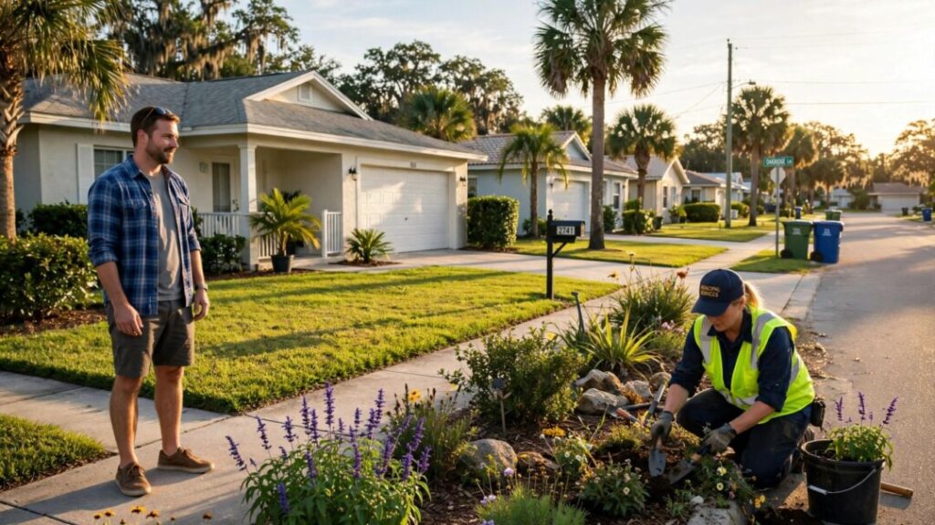 Florida homeowner and municipal worker in a sunny neighborhood