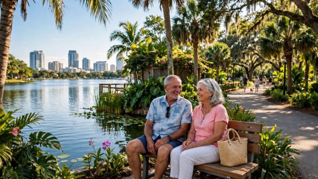 Older couple enjoying a sunny retirement day beside an Orlando lake