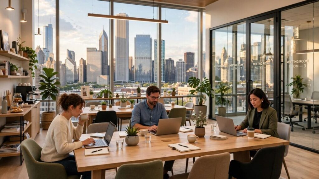 Modern flexible coworking space with Chicago Loop skyline views