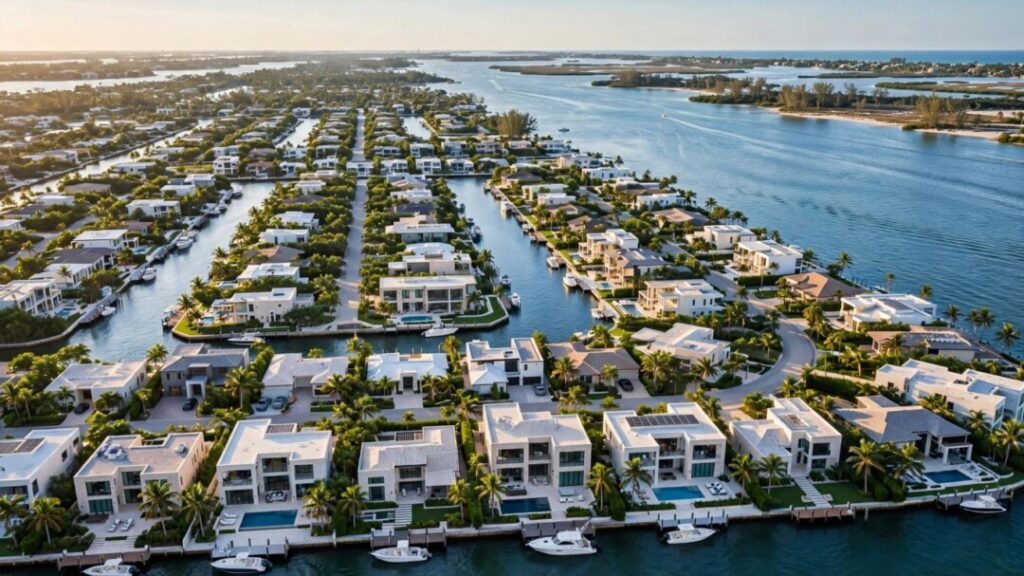 Luxury waterfront homes and private docks near Jupiter, Florida.