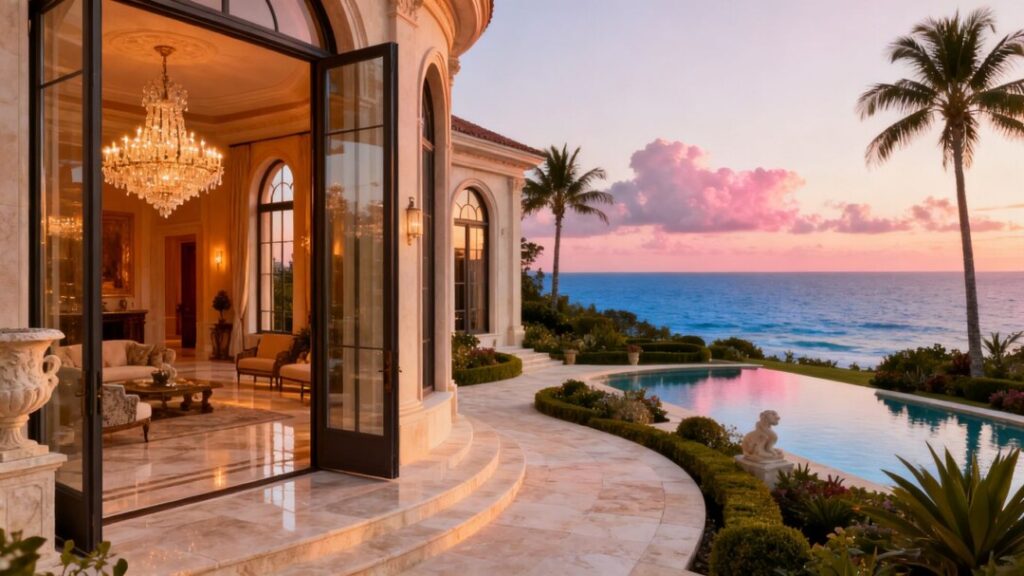 Golden-hour mansion with terraces, gardens, pool, and ocean views