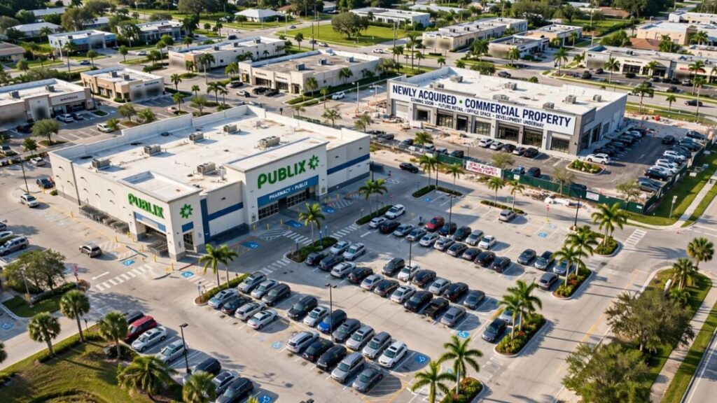 Publix store beside nearby Florida commercial properties and palm trees